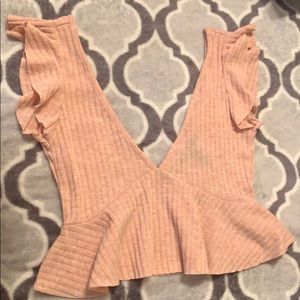 Ribbed ruffle pink plunge crop top